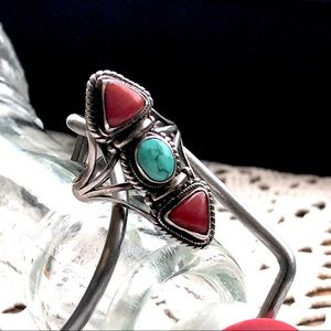 Sterling Silver Coral and Turquoise Ring